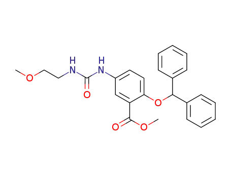 Molecular Structure of 508215-86-9 (Benzoic acid,
2-(diphenylmethoxy)-5-[[[(2-methoxyethyl)amino]carbonyl]amino]-,
methyl ester)