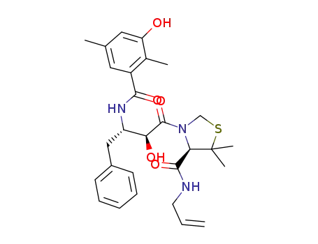 Molecular Structure of 478411-64-2 (4-Thiazolidinecarboxamide,
3-[(2S,3S)-2-hydroxy-3-[(3-hydroxy-2,5-dimethylbenzoyl)amino]-1-oxo-4
-phenylbutyl]-5,5-dimethyl-N-2-propenyl-, (4R)-)