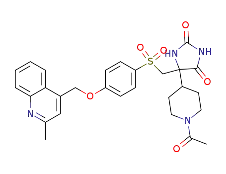 Molecular Structure of 675185-60-1 (Piperidine,
1-acetyl-4-[4-[[[4-[(2-methyl-4-quinolinyl)methoxy]phenyl]sulfonyl]methyl]-
2,5-dioxo-4-imidazolidinyl]-)
