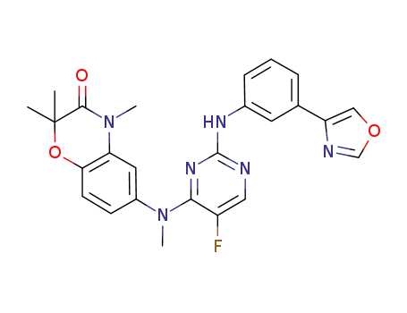 Molecular Structure of 841293-08-1 (2H-1,4-Benzoxazin-3(4H)-one,
6-[[5-fluoro-2-[[3-(4-oxazolyl)phenyl]amino]-4-pyrimidinyl]methylamino]-2
,2,4-trimethyl-)