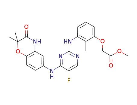 Molecular Structure of 841293-44-5 (Acetic acid,
[3-[[4-[(3,4-dihydro-2,2-dimethyl-3-oxo-2H-1,4-benzoxazin-6-yl)amino]-5
-fluoro-2-pyrimidinyl]amino]-2-methylphenoxy]-, methyl ester)