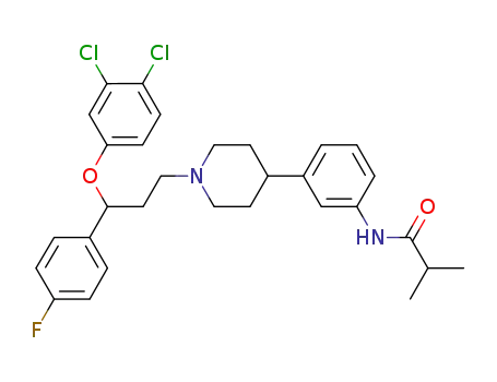 Molecular Structure of 487049-85-4 (Propanamide,
N-[3-[1-[3-(3,4-dichlorophenoxy)-3-(4-fluorophenyl)propyl]-4-piperidinyl]
phenyl]-2-methyl-)