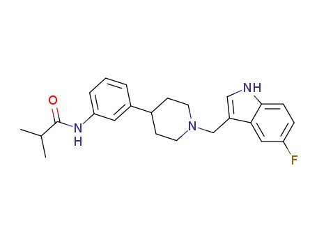 Molecular Structure of 487053-00-9 (Propanamide,
N-[3-[1-[(5-fluoro-1H-indol-3-yl)methyl]-4-piperidinyl]phenyl]-2-methyl-)