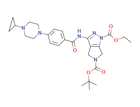 Molecular Structure of 827318-62-7 (Pyrrolo[3,4-c]pyrazole-1,5-dicarboxylic acid,
3-[[4-(4-cyclopropyl-1-piperazinyl)benzoyl]amino]-4,6-dihydro-,
5-(1,1-dimethylethyl) 1-ethyl ester)