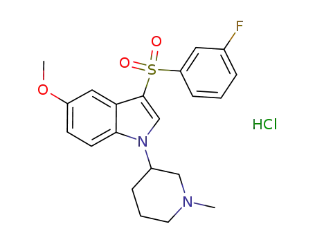 Molecular Structure of 651336-50-4 (1H-Indole,
3-[(3-fluorophenyl)sulfonyl]-5-methoxy-1-(1-methyl-3-piperidinyl)-,
monohydrochloride)