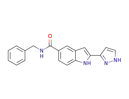Molecular Structure of 827317-02-2 (1H-Indole-5-carboxamide, N-(phenylmethyl)-2-(1H-pyrazol-3-yl)-)