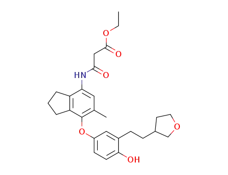 Molecular Structure of 575503-11-6 (Propanoic acid,
3-[[2,3-dihydro-7-[4-hydroxy-3-[2-(tetrahydro-3-furanyl)ethyl]phenoxy]-6-
methyl-1H-inden-4-yl]amino]-3-oxo-, ethyl ester)
