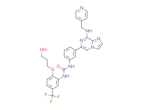 Molecular Structure of 847024-66-2 (Urea,
N-[2-(3-hydroxypropoxy)-5-(trifluoromethyl)phenyl]-N'-[3-[8-[(4-pyridinyl
methyl)amino]imidazo[1,2-a]pyrazin-6-yl]phenyl]-)