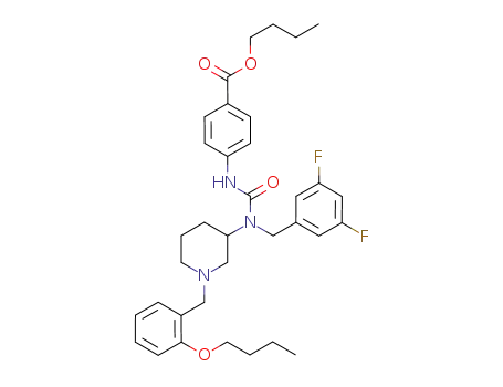 Molecular Structure of 651725-47-2 (Benzoic acid,
4-[[[[1-[(2-butoxyphenyl)methyl]-3-piperidinyl][(3,5-difluorophenyl)methyl]
amino]carbonyl]amino]-, butyl ester)