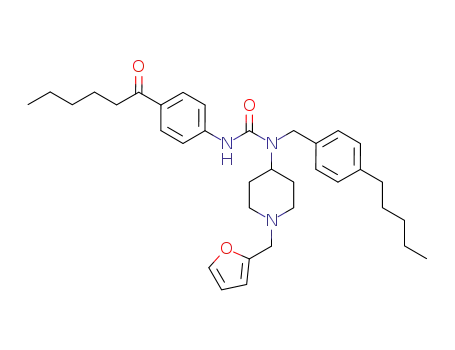 Molecular Structure of 651725-25-6 (Urea,
N-[1-(2-furanylmethyl)-4-piperidinyl]-N'-[4-(1-oxohexyl)phenyl]-N-[(4-pent
ylphenyl)methyl]-)