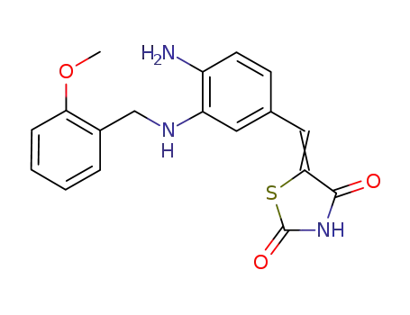 Molecular Structure of 648449-46-1 (2,4-Thiazolidinedione,
5-[[4-amino-3-[[(2-methoxyphenyl)methyl]amino]phenyl]methylene]-)