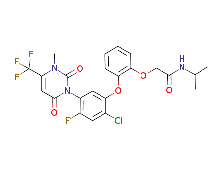 Molecular Structure of 477714-60-6 (Acetamide,
2-[2-[2-chloro-5-[3,6-dihydro-3-methyl-2,6-dioxo-4-(trifluoromethyl)-1(2H
)-pyrimidinyl]-4-fluorophenoxy]phenoxy]-N-(1-methylethyl)-)