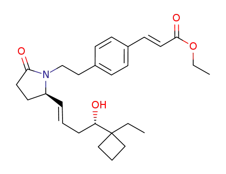 Molecular Structure of 597571-48-7 (2-Propenoic acid,
3-[4-[2-[(2R)-2-[(1E,4S)-4-(1-ethylcyclobutyl)-4-hydroxy-1-butenyl]-5-oxo
-1-pyrrolidinyl]ethyl]phenyl]-, ethyl ester, (2E)-)