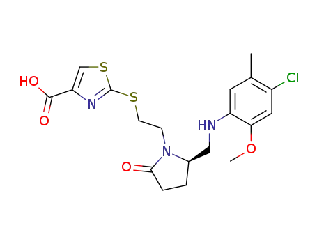 Molecular Structure of 597577-37-2 (4-Thiazolecarboxylic acid,
2-[[2-[(2R)-2-[[(4-chloro-2-methoxy-5-methylphenyl)amino]methyl]-5-oxo
-1-pyrrolidinyl]ethyl]thio]-)