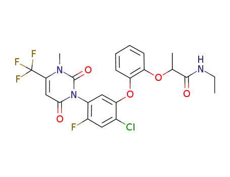 Molecular Structure of 477715-44-9 (Propanamide,
2-[2-[2-chloro-5-[3,6-dihydro-3-methyl-2,6-dioxo-4-(trifluoromethyl)-1(2H
)-pyrimidinyl]-4-fluorophenoxy]phenoxy]-N-ethyl-)