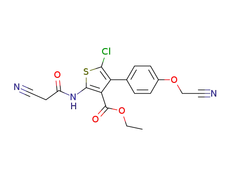 Molecular Structure of 844501-86-6 (3-Thiophenecarboxylic acid,
5-chloro-2-[(cyanoacetyl)amino]-4-[4-(cyanomethoxy)phenyl]-, ethyl
ester)