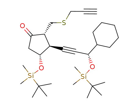 Molecular Structure of 647028-42-0 (Cyclopentanone,
3-[(3S)-3-cyclohexyl-3-[[(1,1-dimethylethyl)dimethylsilyl]oxy]-1-propynyl]-
4-[[(1,1-dimethylethyl)dimethylsilyl]oxy]-2-[(2-propynylthio)methyl]-,
(2R,3S,4R)-)
