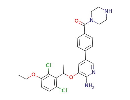 Molecular Structure of 877620-56-9 (Piperazine,
1-[4-[6-amino-5-[1-(2,6-dichloro-3-ethoxyphenyl)ethoxy]-3-pyridinyl]benz
oyl]-)