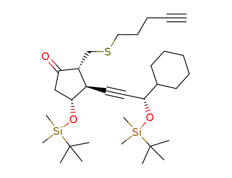 Molecular Structure of 647028-48-6 (Cyclopentanone,
3-[(3S)-3-cyclohexyl-3-[[(1,1-dimethylethyl)dimethylsilyl]oxy]-1-propynyl]-
4-[[(1,1-dimethylethyl)dimethylsilyl]oxy]-2-[(4-pentynylthio)methyl]-,
(2R,3S,4R)-)
