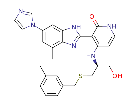 Molecular Structure of 468735-52-6 (2(1H)-Pyridinone,
4-[[(1S)-1-(hydroxymethyl)-2-[[(3-methylphenyl)methyl]thio]ethyl]amino]-3
-[6-(1H-imidazol-1-yl)-4-methyl-1H-benzimidazol-2-yl]-)