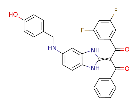 Molecular Structure of 388596-91-6 (1,3-Propanedione,
1-(3,5-difluorophenyl)-2-[1,3-dihydro-5-[[(4-hydroxyphenyl)methyl]amino]
-2H-benzimidazol-2-ylidene]-3-phenyl-)