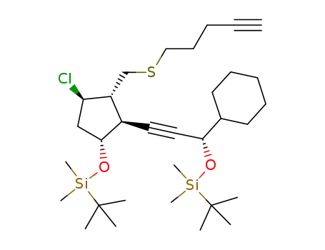 Molecular Structure of 647028-51-1 (Silane,
[[(1R,2S,3S,4R)-4-chloro-2-[(3S)-3-cyclohexyl-3-[[(1,1-dimethylethyl)di
methylsilyl]oxy]-1-propynyl]-3-[(4-pentynylthio)methyl]cyclopentyl]oxy](1,1
-dimethylethyl)dimethyl-)