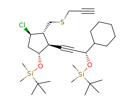 Molecular Structure of 647028-45-3 (Silane,
[[(1R,2S,3S,4R)-4-chloro-2-[(3S)-3-cyclohexyl-3-[[(1,1-dimethylethyl)di
methylsilyl]oxy]-1-propynyl]-3-[(2-propynylthio)methyl]cyclopentyl]oxy](1,1
-dimethylethyl)dimethyl-)