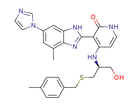 Molecular Structure of 468735-53-7 (2(1H)-Pyridinone,
4-[[(1S)-1-(hydroxymethyl)-2-[[(4-methylphenyl)methyl]thio]ethyl]amino]-3
-[6-(1H-imidazol-1-yl)-4-methyl-1H-benzimidazol-2-yl]-)