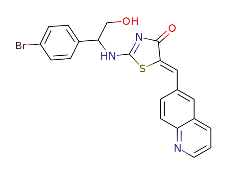 Molecular Structure of 872574-38-4 (4(5H)-Thiazolone,
2-[[1-(4-bromophenyl)-2-hydroxyethyl]amino]-5-(6-quinolinylmethylene)-,
(5Z)-)