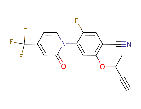 Molecular Structure of 390412-62-1 (Benzonitrile,
5-fluoro-2-[(1-methyl-2-propynyl)oxy]-4-[2-oxo-4-(trifluoromethyl)-1(2H)-
pyridinyl]-)
