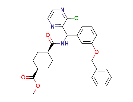 Molecular Structure of 850643-32-2 (Cyclohexanecarboxylic acid,
4-[[[(3-chloropyrazinyl)[3-(phenylmethoxy)phenyl]methyl]amino]carbonyl]-
, methyl ester, cis-)