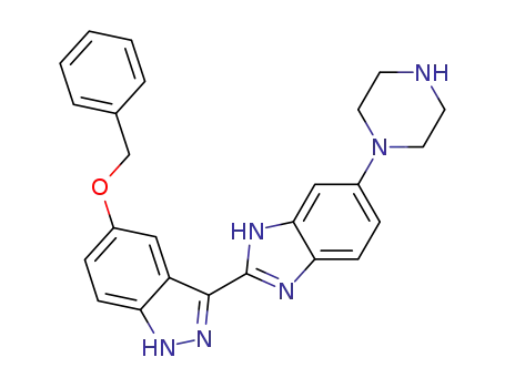 Molecular Structure of 485836-97-3 (1H-Indazole,
5-(phenylmethoxy)-3-[5-(1-piperazinyl)-1H-benzimidazol-2-yl]-)