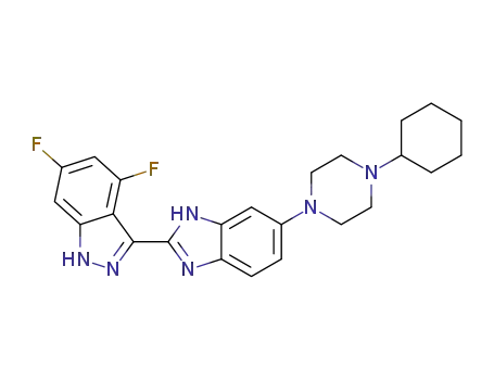 Molecular Structure of 485833-44-1 (1H-Indazole,
3-[5-(4-cyclohexyl-1-piperazinyl)-1H-benzimidazol-2-yl]-4,6-difluoro-)