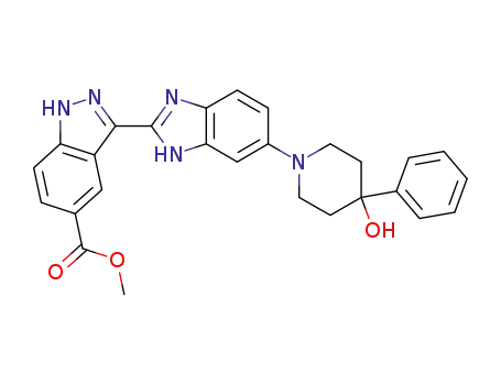 Molecular Structure of 485837-85-2 (1H-Indazole-5-carboxylic acid,
3-[5-(4-hydroxy-4-phenyl-1-piperidinyl)-1H-benzimidazol-2-yl]-, methyl
ester)