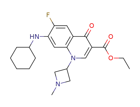 Molecular Structure of 836621-05-7 (3-Quinolinecarboxylic acid,
7-(cyclohexylamino)-6-fluoro-1,4-dihydro-1-(1-methyl-3-azetidinyl)-4-oxo
-, ethyl ester)