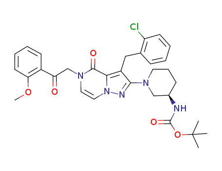 Molecular Structure of 847492-05-1 (Carbamic acid,
[(3R)-1-[3-[(2-chlorophenyl)methyl]-4,5-dihydro-5-[2-(2-methoxyphenyl)-
2-oxoethyl]-4-oxopyrazolo[1,5-a]pyrazin-2-yl]-3-piperidinyl]-,
1,1-dimethylethyl ester)