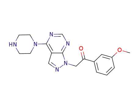 Molecular Structure of 874383-29-6 (Ethanone,
1-(3-methoxyphenyl)-2-[4-(1-piperazinyl)-1H-pyrazolo[3,4-d]pyrimidin-1-
yl]-)