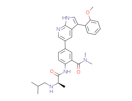Molecular Structure of 927697-34-5 (Benzamide,
5-[3-(2-methoxyphenyl)-1H-pyrrolo[2,3-b]pyridin-5-yl]-N,N-dimethyl-2-[[(
2R)-2-[(2-methylpropyl)amino]-1-oxopropyl]amino]-)