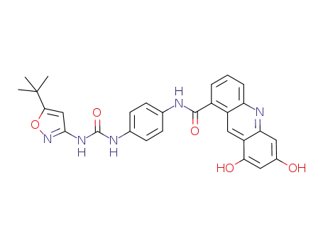 Molecular Structure of 852669-61-5 (1-Acridinecarboxamide,
N-[4-[[[[5-(1,1-dimethylethyl)-3-isoxazolyl]amino]carbonyl]amino]phenyl]-
6,8-dihydroxy-)