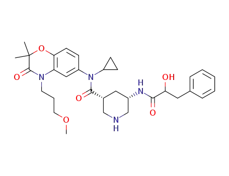 Molecular Structure of 920295-10-9 (3-Piperidinecarboxamide,
N-cyclopropyl-N-[3,4-dihydro-4-(3-methoxypropyl)-2,2-dimethyl-3-oxo-2
H-1,4-benzoxazin-6-yl]-5-[(2-hydroxy-1-oxo-3-phenylpropyl)amino]-,
(3R,5S)-)