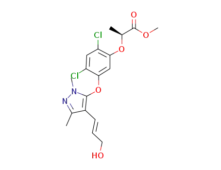 Molecular Structure of 1043916-41-1 (methyl (2S)-2-[2,4-dichloro-5-({4-[(1E)-3-hydroxyprop-1-en-1-yl]-1,3-dimethyl-1H-pyrazol-5-yl}oxy)phenoxy]propionate)