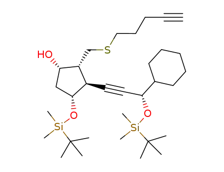 Molecular Structure of 647028-49-7 (Cyclopentanol,
3-[(3S)-3-cyclohexyl-3-[[(1,1-dimethylethyl)dimethylsilyl]oxy]-1-propynyl]-
4-[[(1,1-dimethylethyl)dimethylsilyl]oxy]-2-[(4-pentynylthio)methyl]-,
(1S,2R,3S,4R)-)