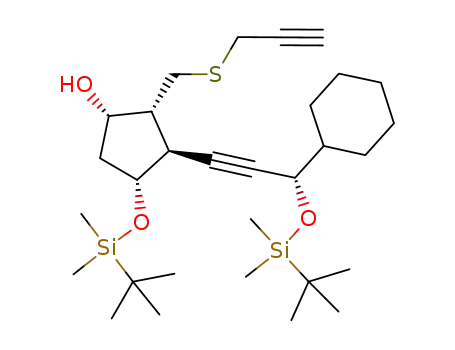 Molecular Structure of 647028-43-1 (Cyclopentanol,
3-[(3S)-3-cyclohexyl-3-[[(1,1-dimethylethyl)dimethylsilyl]oxy]-1-propynyl]-
4-[[(1,1-dimethylethyl)dimethylsilyl]oxy]-2-[(2-propynylthio)methyl]-,
(1S,2R,3S,4R)-)