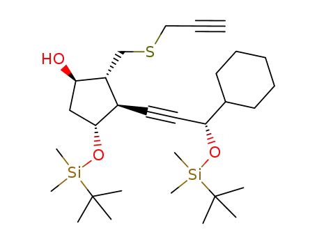 Molecular Structure of 647028-44-2 (Cyclopentanol,
3-[(3S)-3-cyclohexyl-3-[[(1,1-dimethylethyl)dimethylsilyl]oxy]-1-propynyl]-
4-[[(1,1-dimethylethyl)dimethylsilyl]oxy]-2-[(2-propynylthio)methyl]-,
(1R,2R,3S,4R)-)