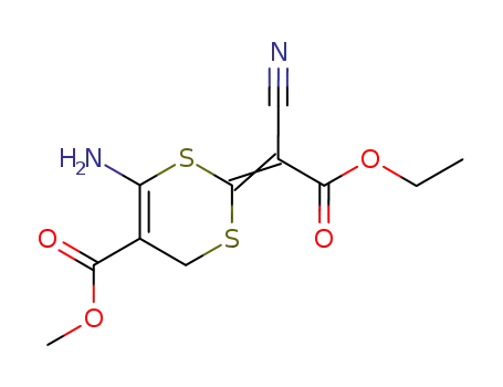 Molecular Structure of 74598-55-3 (6-Amino-2-[1-cyano-1-ethoxycarbonyl-meth-(E)-ylidene]-4H-[1,3]dithiine-5-carboxylic acid methyl ester)