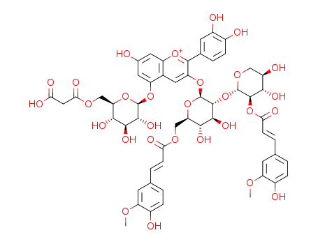 Molecular Structure of 1647116-56-0 (cyanidin 3-O-[2-O-(2-O-(trans-feruloyl)-β-xylosyl)-6-O-(trans-feruloyl)-β-glucoside]-5-O-[6-O-(malonyl)-β-glucoside])