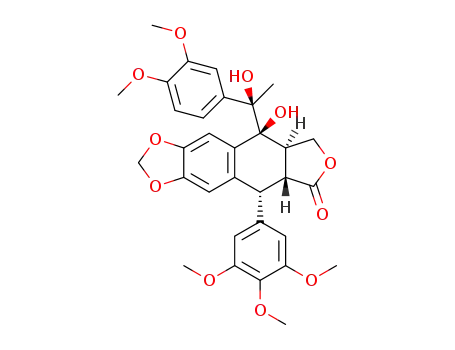 Molecular Structure of 1391928-22-5 (7α-[(1R)-1-hydroxy-1-(3,4-dimethoxyphenyl)ethyl]epi-podophyllotoxin)