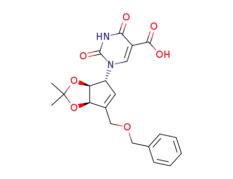 Molecular Structure of 115983-80-7 ((1R,4R,5S)-(-)-1-<3-<(benzyloxy)methyl>-4,5-(isopropylidenedioxy)-2-cyclopentenyl>-5-uracilcarboxylic acid)