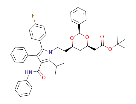 Molecular Structure of 442851-51-6 (tert-butyl 2-((2R,4R,6R)-6-(2-(2-(4-fluorophenyl)-5-isopropyl-3-phenyl-4-(phenylcarbamoyl)-1H-pyrrol-1-yl)ethyl)-2-phenyl-1,3-dioxan-4-yl)acetate)