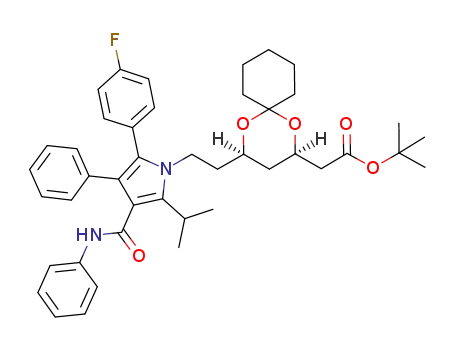 Molecular Structure of 1035204-90-0 (tert-butyl 2-((2R,4R)-4-(2-(2-(4-fluorophenyl)-5-isopropyl-3-phenyl-4-(phenylcarbamoyl)-1H-pyrrol-1-yl)ethyl)-1,5-dioxaspiro[5.5]undecan-2-yl)acetate)